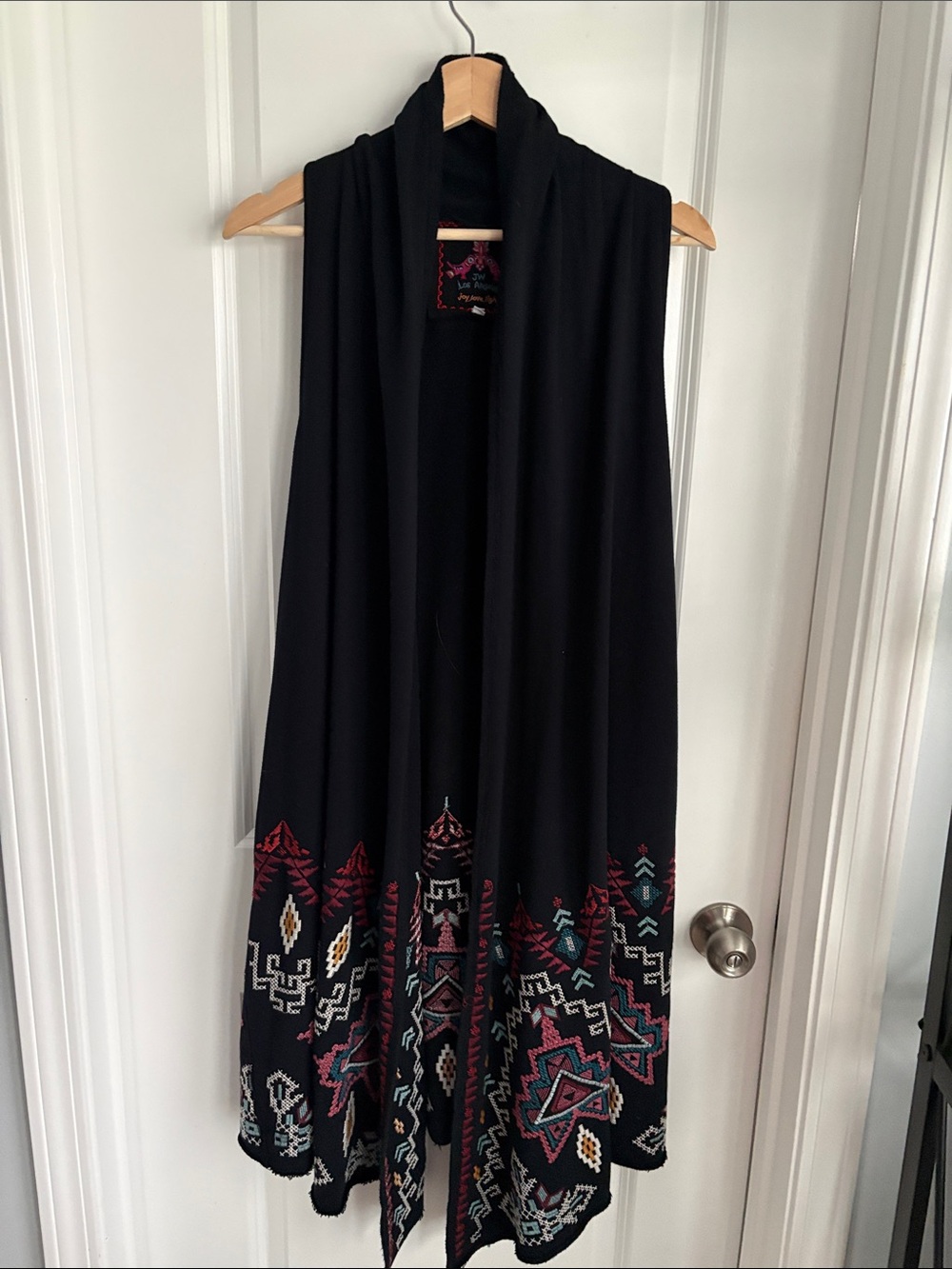 Johnny Was Black Sleeveless Drape Vest with Multicolor Aztec Hem